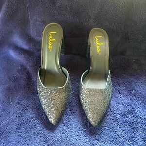 Black Glitter Block Pointed Toe Heel